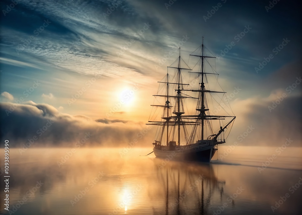 Ghostly Silhouette of a Ship Emerging from Dense Fog at Dawn, Capturing the Mystique of the Sea and the Enigma of Maritime Legends Ghostly Silhouette of a Ship Emerging from Dense Fog at Dawn, Capturing the Mystique of the Sea and the Enigma of Maritime Legends