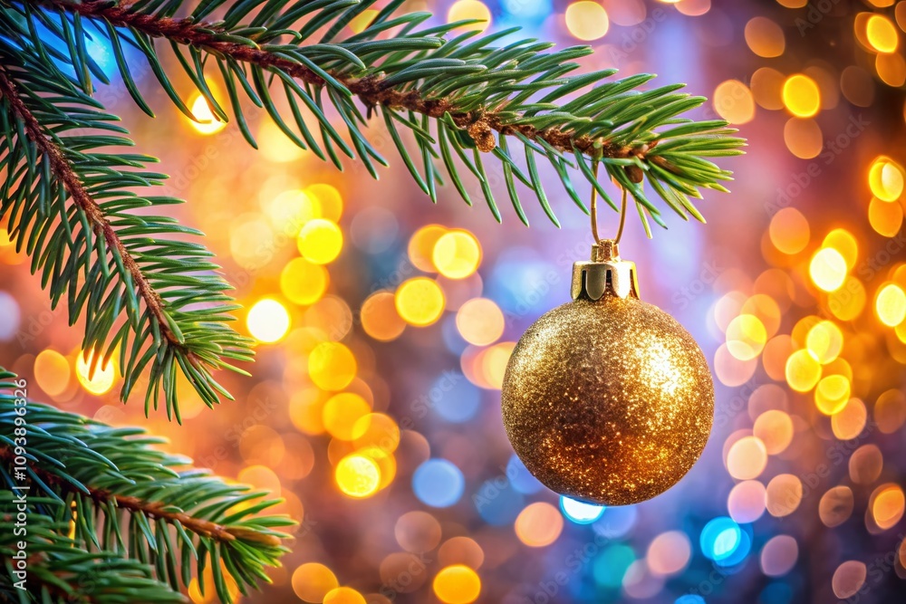 Glittering Christmas Bauble on a Pine Branch with a Colorful Bokeh Background Capturing the Essence of Holiday Cheer and Festive Spirit in a Cozy Winter Setting Glittering Christmas Bauble on a Pine Branch with a Colorful Bokeh Background Capturing the Essence of Holiday Cheer and Festive Spirit in a Cozy Winter Setting