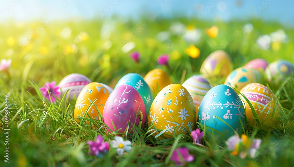 colorful easter eggs in a grassy field colorful easter eggs in a grassy field