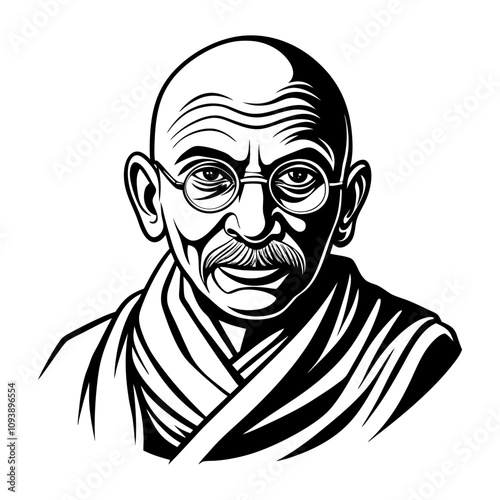 Iconic Black and White Portrait Illustration of Mahatma Gandhi
