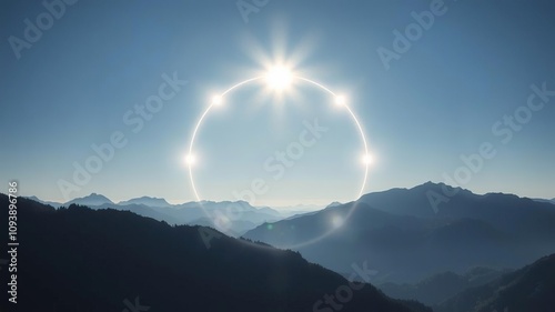 Parhelic circle with multiple bright spots and mountain landscape, circular rainbow, optical illusion photo