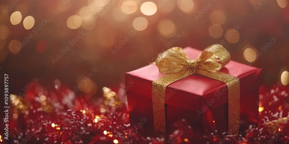 Red gift box with golden ribbon surrounded by sparkling bokeh lights and holiday decor for festive celebrations Red gift box with golden ribbon surrounded by sparkling bokeh lights and holiday decor for festive celebrations