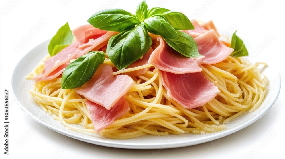 Spaghetti with Ham and Fresh Basil Garnish Spaghetti with Ham and Fresh Basil Garnish
