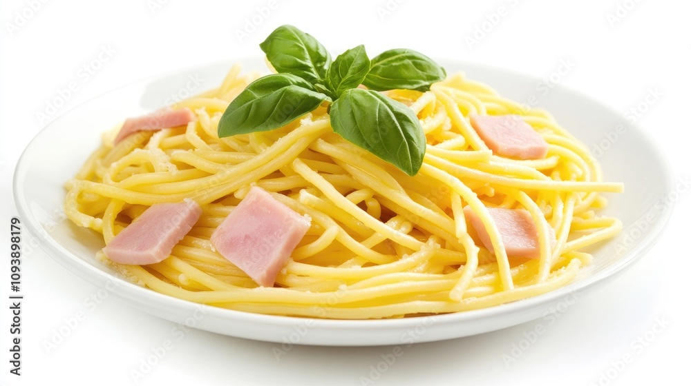 Spaghetti with Ham and Fresh Basil Garnish Spaghetti with Ham and Fresh Basil Garnish