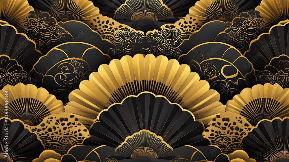 Abstract Pattern of Black and Gold Folding Fans Abstract Pattern of Black and Gold Folding Fans