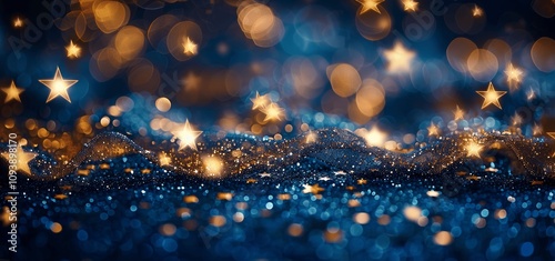 Blue and Gold Glitter Background with Stars and Bokeh Lights, High Resolution New Year's Concept