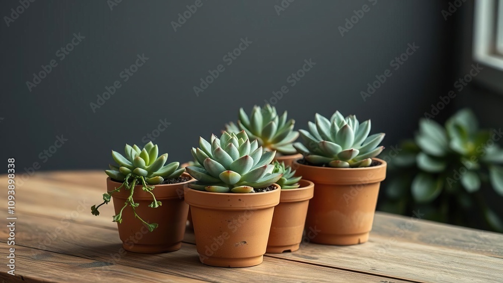 Potted Succulents on a Wooden Table, rustic, succulent plants, industrial chic