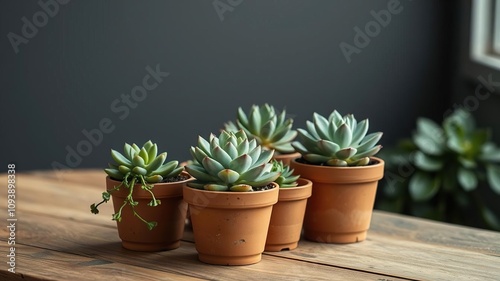 Potted Succulents on a Wooden Table, rustic, succulent plants, industrial chic