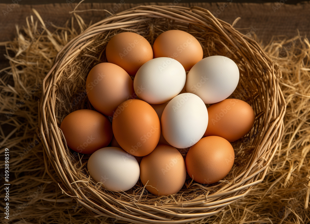 Top View of Eggs in a Basket on Wooden Table Top View of Eggs in a Basket on Wooden Table