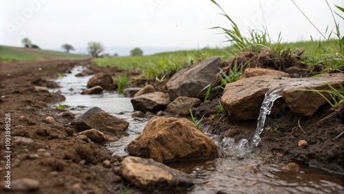 Rainwater infiltrating into soil and passing through rocks, rainwater, groundwater photo