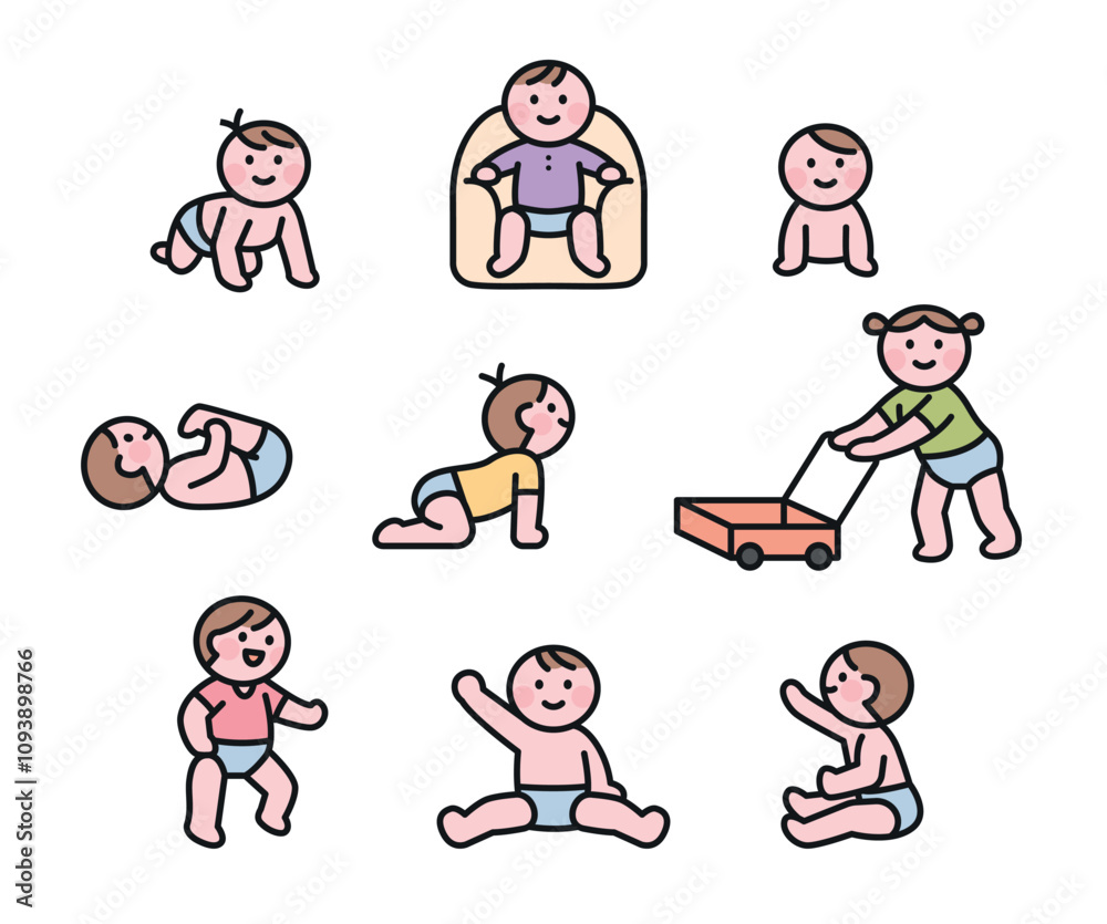Cute baby icons, cute actions. outline simple vector illustration. Cute baby icons, cute actions. outline simple vector illustration.