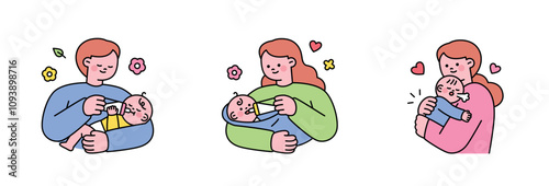 Mom and Dad are feeding their baby a bottle of milk and helping him digest it through burping.