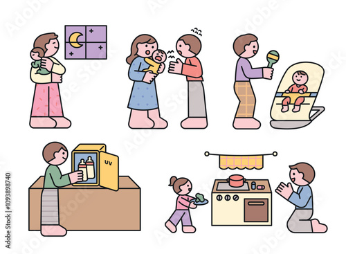 Parents are playing with their babies, putting them to sleep, and feeding them milk. outline simple vector illustration.