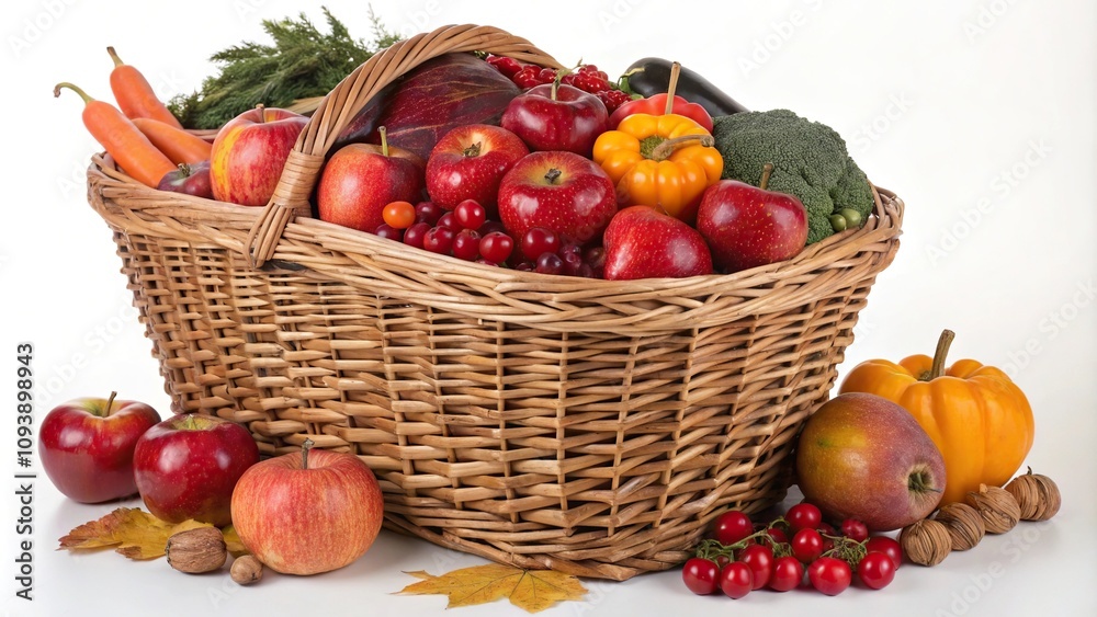 Red apples fill a large wicker basket with other seasonal fruits and vegetables in a colorful arrangement, harvest season, fruit salad, farm-to-table cuisine, seasonal produce Red apples fill a large wicker basket with other seasonal fruits and vegetables in a colorful arrangement, harvest season, fruit salad, farm-to-table cuisine, seasonal produce