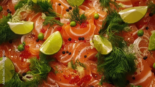 Sliced Salmon with Lime Wedges and Aromatic Herbs