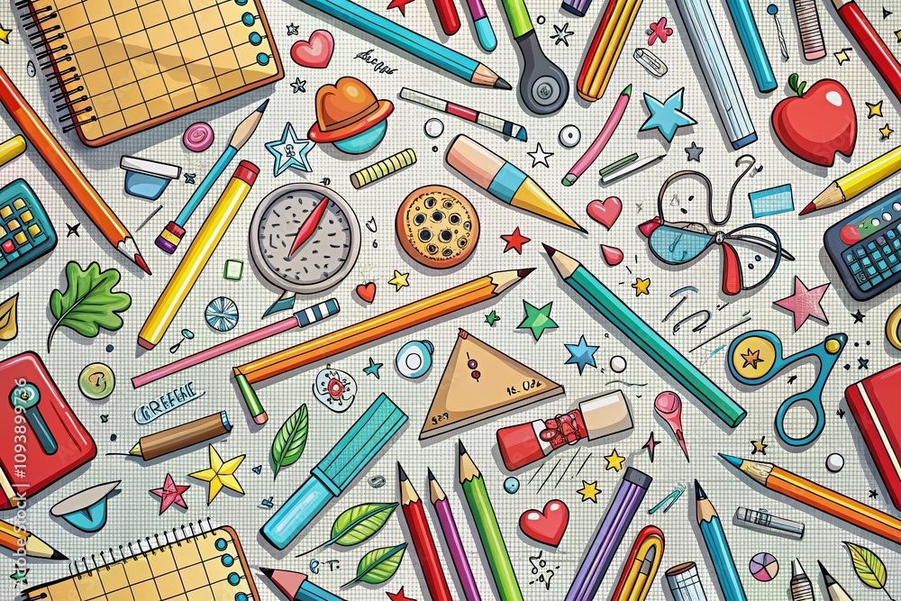Hand-Drawn Doodles of School Supplies for Back to School Theme, Featuring Pencils, Notebooks, Erasers, Rulers, and Colorful Crayons in a Fun and Creative Pattern Hand-Drawn Doodles of School Supplies for Back to School Theme, Featuring Pencils, Notebooks, Erasers, Rulers, and Colorful Crayons in a Fun and Creative Pattern