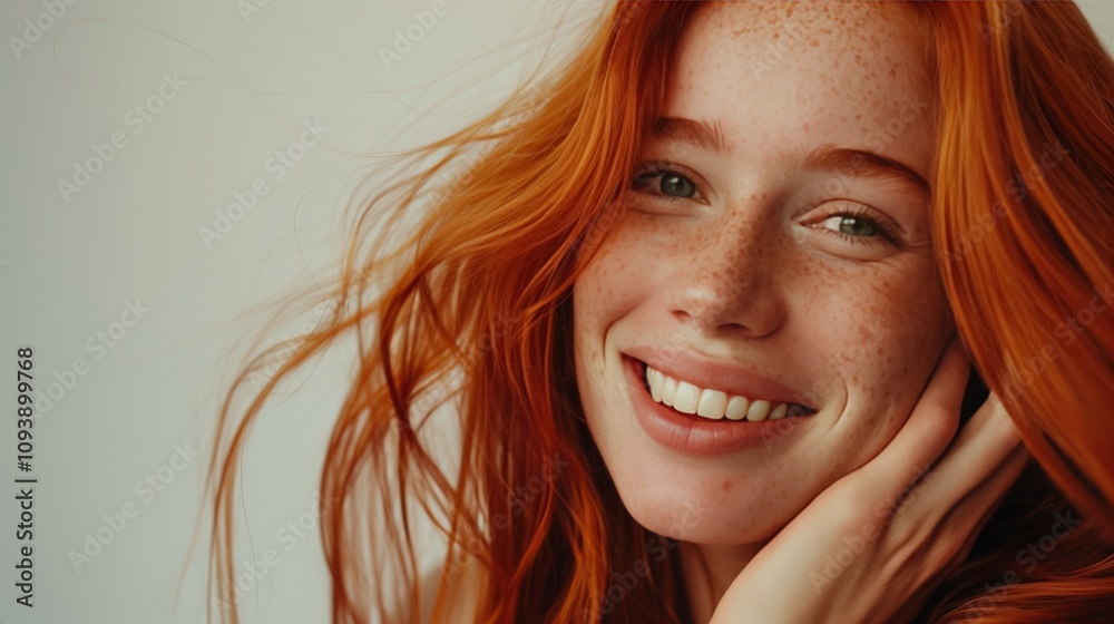 Fototapeta premium Close-up of a joyful redheaded woman with freckles smiling, touching her face, expressing happiness