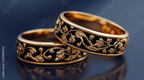 Two gold rings with floral patterns on black enamel