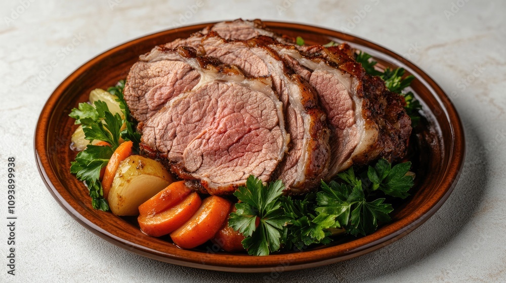 Juicy Slices of Roasted Meat on a Wooden Plate Juicy Slices of Roasted Meat on a Wooden Plate