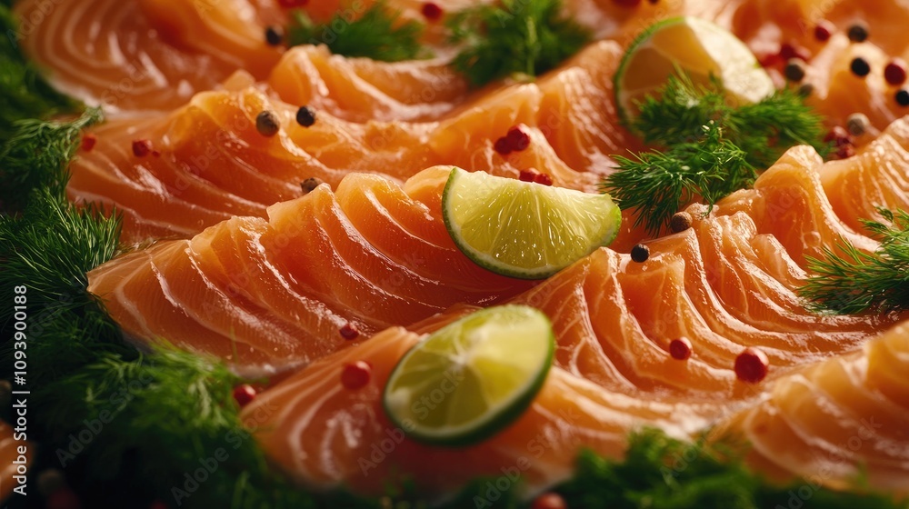 Fresh Salmon Slices Garnished with Lime and Herbs Fresh Salmon Slices Garnished with Lime and Herbs