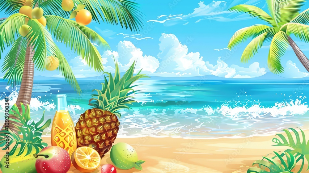 A cartoon tropical beach scene with palm trees, fruit, and a bottle of juice. A cartoon tropical beach scene with palm trees, fruit, and a bottle of juice.