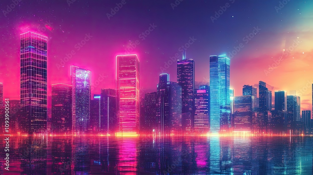 Neon-lit cityscape reflecting on a water surface with a starry sky background Neon-lit cityscape reflecting on a water surface with a starry sky background