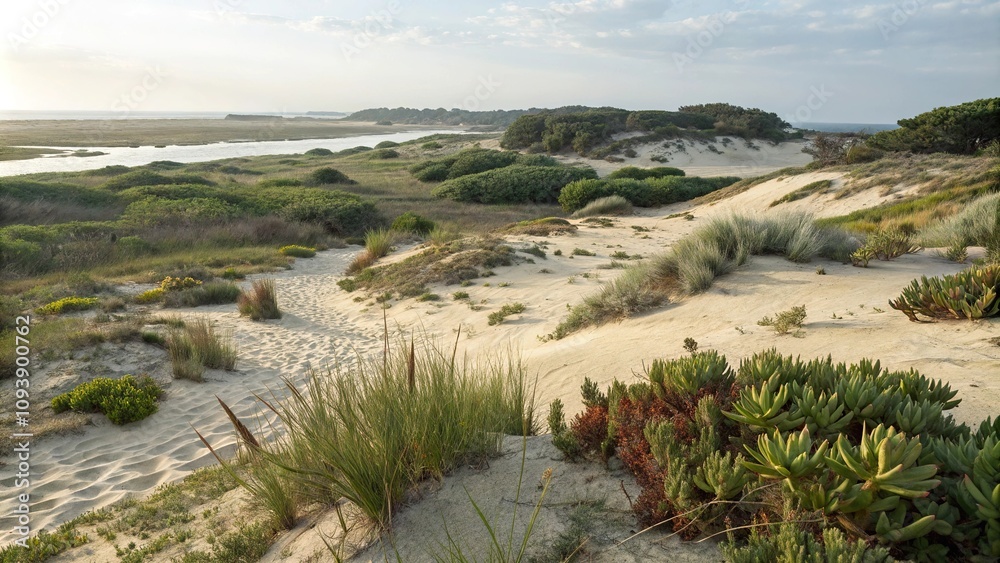 Sandy dunes and coastal succulents in a salt marsh ecosystem, succulent plants, sandy dunes, shorebirds Sandy dunes and coastal succulents in a salt marsh ecosystem, succulent plants, sandy dunes, shorebirds