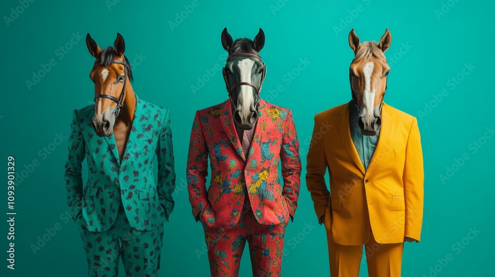 Fototapeta premium Surreal gathering of three individuals in colorful suits with horse heads against a vibrant teal backdrop showcasing unique art styles