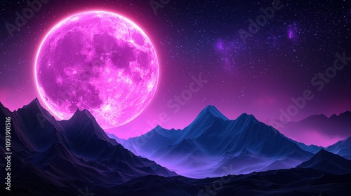 Spectacular lunar event with a vibrant pink moon over majestic mountains digital artwork nighttime landscape fantasy concept photo