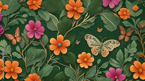 A vibrant and detailed digital artwork featuring orange and pink flowers, lush green foliage, and intricately designed butterflies on a dark green background. This seamless and elegant composition evo
