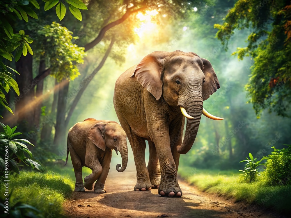 Fototapeta premium Heartwarming Scene of a Playful Elephant Calf Walking with Its Mother, Showcasing Their Unique Bond in a Natural Habitat Filled with Lush Greenery and Sunlit Backgrounds