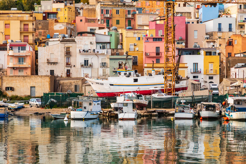 Italy, Sicily, Agrigento Province, Sciacca. April 16, 2019. Fishing boats in the harbor of Sciacca, on the Mediterranean Sea.
