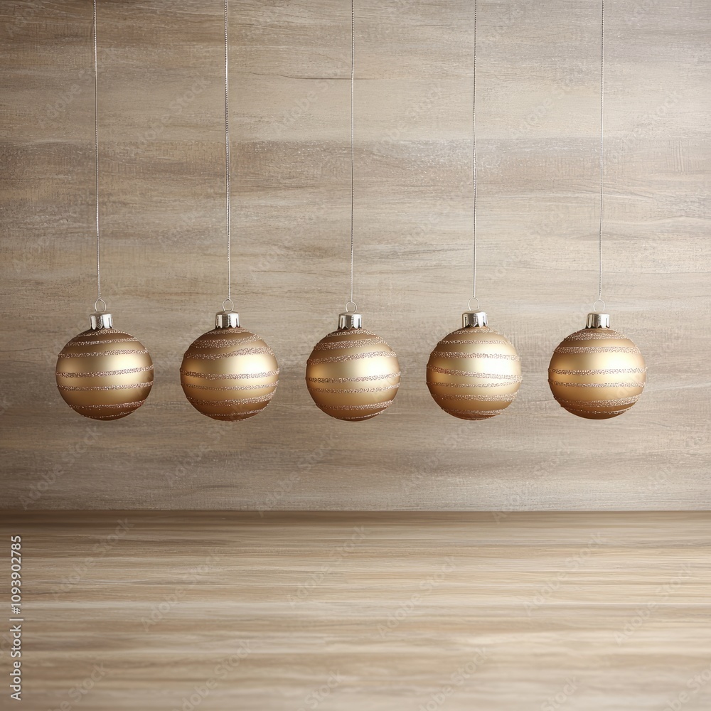Five gold Christmas ornaments hang against a wood background. Five gold Christmas ornaments hang against a wood background.