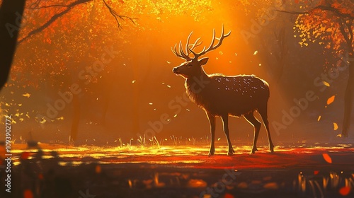 A majestic deer stands in a golden autumn forest, bathed in warm sunlight. photo