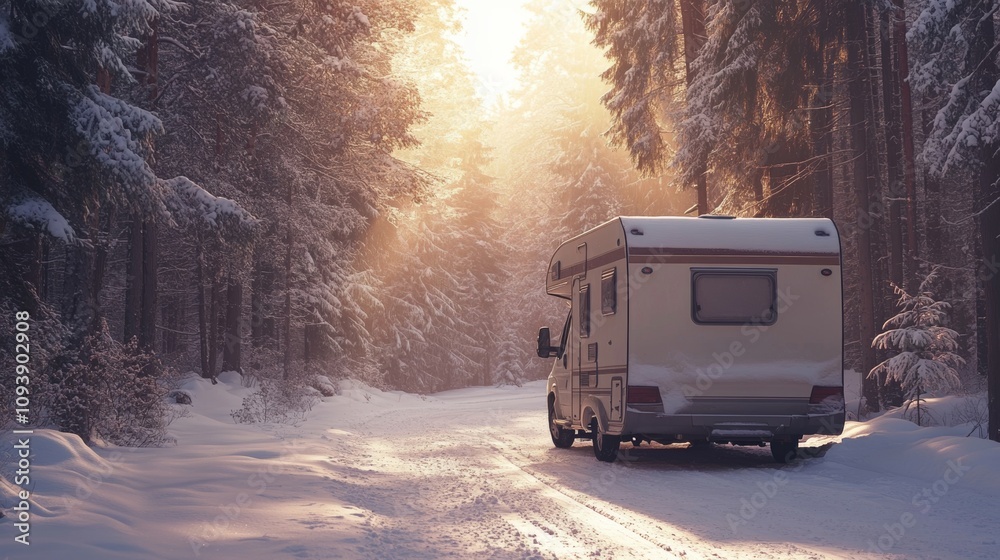 Recreational vehicle parked on snowy forest road under sunlight Recreational vehicle parked on snowy forest road under sunlight