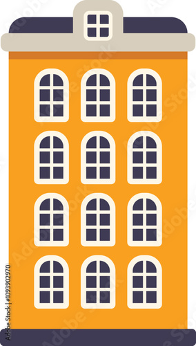 Illustration featuring a tall residential building with multiple arched windows and a flat roof, isolated on white background