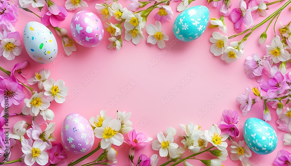 easter eggs surrounded by spring flowers on a pink background easter eggs surrounded by spring flowers on a pink background