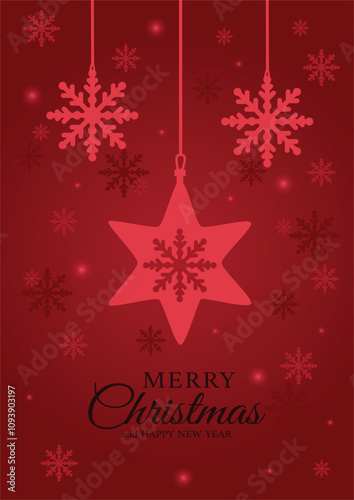 Festive christmas card with snowflakes and star ornament.