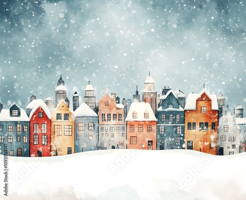 Fairy tale illustration of a snowy cityscape with snow gently falling, buildings partially visible around the edges, and a dreamy style with soft colors