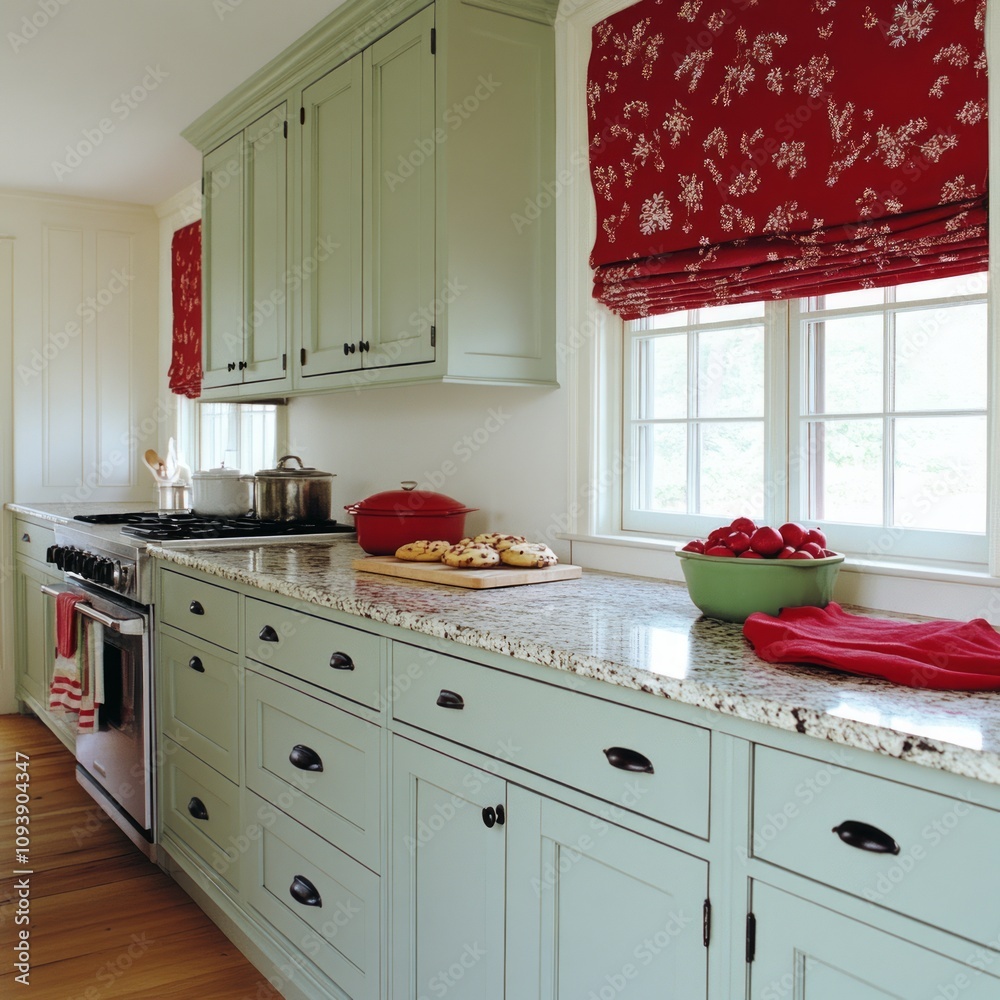 Sage green kitchen cabinets, granite countertops, red accents, and ...