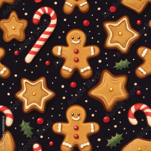Seamless pattern of Christmas gingerbread men, star cookies, candy canes, and holly on dark background.