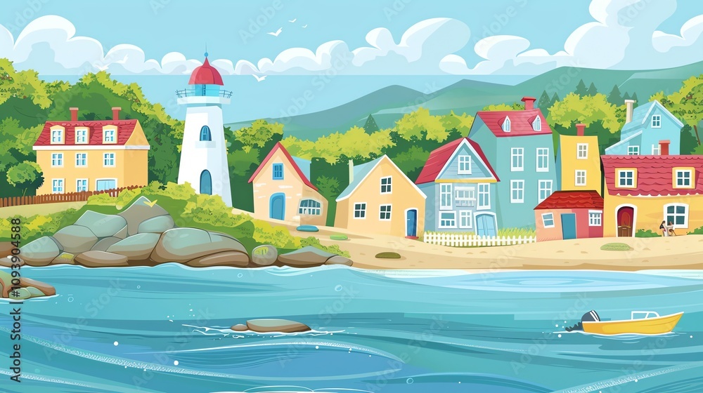 Fototapeta premium A cartoon illustration of a seaside town with colorful houses, a lighthouse, and a boat on the water.