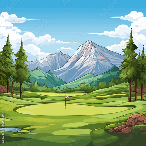 Scenic Golf Course Landscape with Majestic Mountains