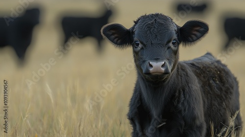 A black calf stands in a field of dry grass, looking directly at the camera with large, curious eyes. Several other cattle are blurred in the background.