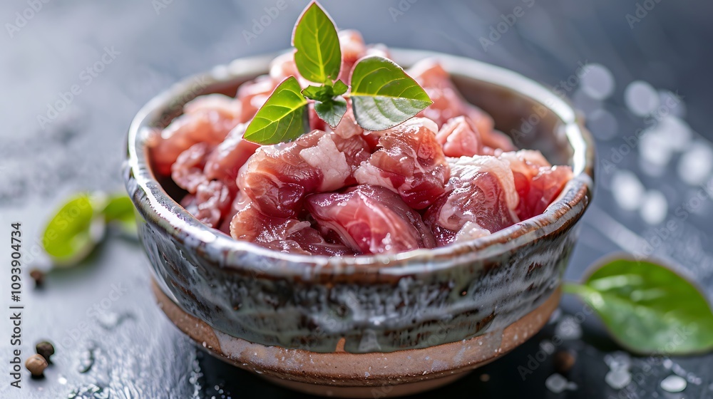 Raw beef meat in a clay bowl Raw beef meat in a clay bowl