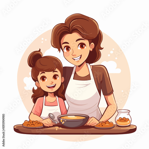 Mother and Daughter Cooking Together - Family Kitchen Bonding Scene Illustration