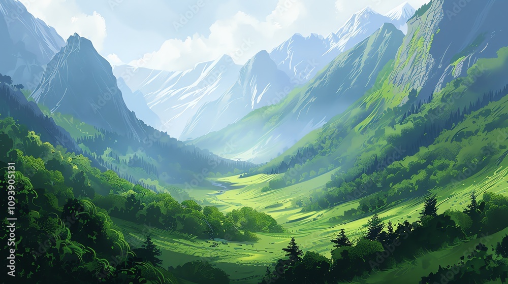 Fototapeta premium A digital art illustration of a beautiful, green mountain valley with a blue sky and white clouds.