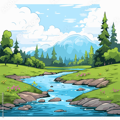 Tranquil River Landscape Scenery Illustration photo