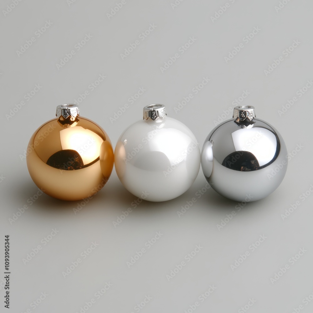 Three shiny Christmas ornaments gold, white, silver. Three shiny Christmas ornaments gold, white, silver.