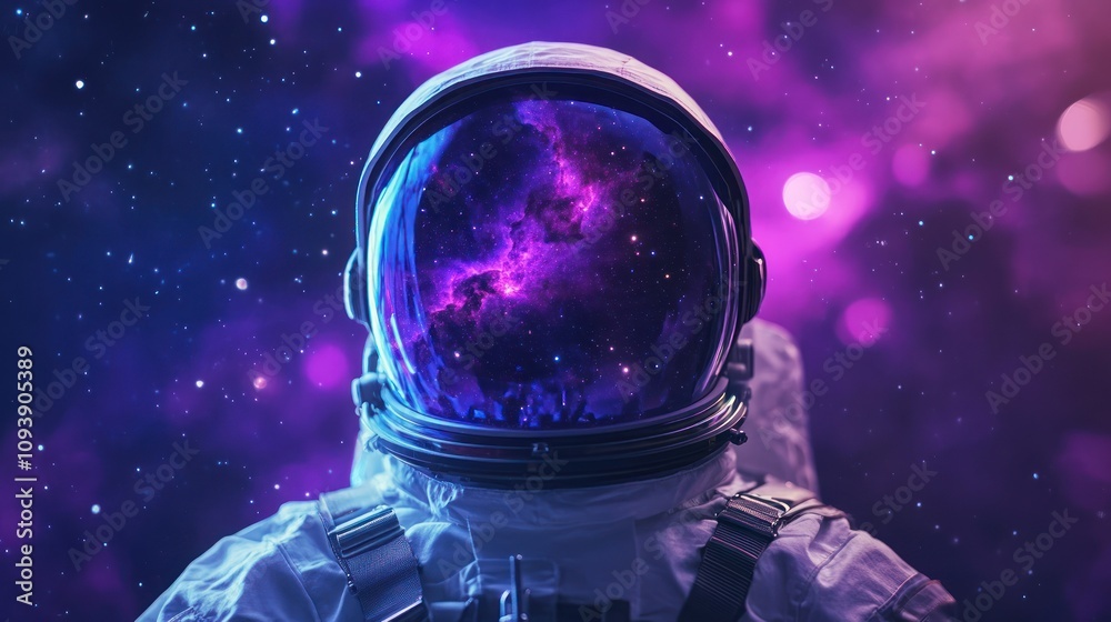 An astronaut helmet reflecting a vibrant cosmic scene, symbolizing exploration and wonder. An astronaut helmet reflecting a vibrant cosmic scene, symbolizing exploration and wonder.